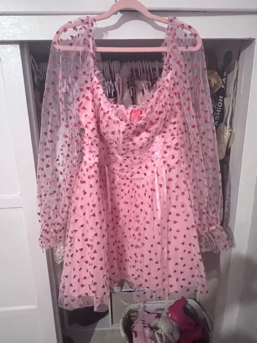 Sugar Thrillz Pink Dress with Red Heart Print and Sheer Sleeves